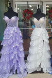 Hellogown A Line Light Blue Lace Sweetheart Tiered Slit Long Prom Dress Evening Dress