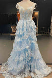 Hellogown A Line Light Blue Lace Sweetheart Tiered Slit Long Prom Dress Evening Dress