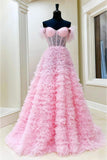 Hellogown Hot Pink Beaded Feather Off-the-Shoulder Tiered Long Prom Dress with Slit