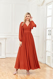 A Line V Neck Long Sleeves Chiffon Prom Formal Dresses With Ruffles Hellogown