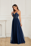 Chic Spaghetti Straps V Neck Backless Prom Dresses With Beading Hellogown