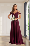 Delicate Burgundy Off the Shoulder Floor Length Bridesmaid Dresses Hellogown