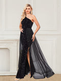 Detachable Mermaid One Shoulder Sequin Tulle Prom Dresses With Slit