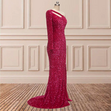 Glitter One Shoulder Sequins Long Sleeves Prom Dresses With Slit Hellogown