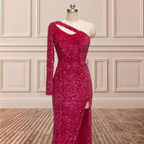 Glitter One Shoulder Sequins Long Sleeves Prom Dresses With Slit Hellogown