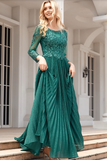 Glittery A Line Green Scoop Neck Long Sleeves Floor Length Mother Of The Bride Dresses With Beaded Hellogown