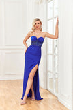 Mermaid/Bodycon Strapless/Sweetheart Satin Beaded Lace Appliques Prom Dresses with Slit Hellogown