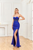 Mermaid/Bodycon Strapless/Sweetheart Satin Beaded Lace Appliques Prom Dresses with Slit Hellogown