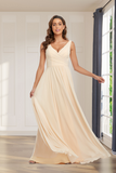Minimalist Chiffon Straps V Neck Lace Up Floor Length Bridesmaid Dresses Hellogown