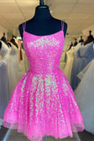 New Arrival Sequins Pink Above Knee A Line Spaghetti Straps Homecoming Dresses Short Cocktail Dresses Hellogown
