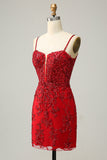 New Arrival Spaghetti Straps Sheath Sequin With Lace Homecoming Cocktail Dresses Hellogown