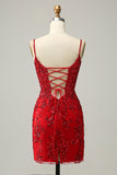 New Arrival Spaghetti Straps Sheath Sequin With Lace Homecoming Cocktail Dresses Hellogown