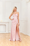 Sheath Satin Spaghetti Straps Cowl Neck Ruched Long Prom Dress With Silt