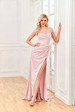 Sheath Satin Spaghetti Straps Cowl Neck Ruched Long Prom Dress With Silt Hellogown