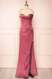 Sheath Satin Spaghetti Straps Cowl Neck Ruched Long Prom Dress With Silt Hellogown