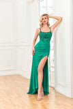 Sheath Spaghetti Straps Beaded Prom Formal Dresses with Slit Hellogown