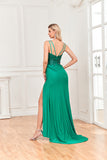 Sheath Spaghetti Straps Silk Lace Sequin Beaded Prom Dresses with Slit Hellogown