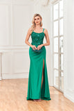 Sheath Spaghetti Straps Silk Lace Sequin Beaded Prom Dresses with Slit Hellogown