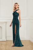 Shiny One Shoulder Sequins Floor Length Prom Dresses With Slit Hellogown