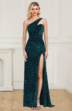 Shiny One Shoulder Sequins Floor Length Prom Dresses With Slit Hellogown