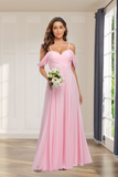 Simple A Line Chiffon Spaghetti Straps Off The Shoulder Bridesmaid Dresses Hellogown
