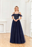Sparkle A Line Off Shoulder Tulle Appliques Beaded Ruffles Prom Dresses Hellogown