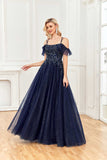 Sparkle A Line Off Shoulder Tulle Appliques Beaded Ruffles Prom Dresses Hellogown