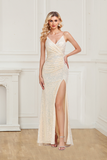 Stunning Sheath Spaghetti Straps V Neck Sequin Slit Prom Dress Hellogown