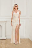 Stunning Sheath Spaghetti Straps V Neck Sequin Slit Prom Dress Hellogown
