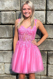 Tulle V Neck Above Knee Lace Appliques Short Homecoming Dresses Hellogown